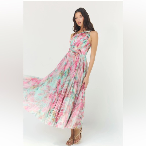 Hutch Dresses & Skirts - Hutch Phillips One-Shoulder Floral Pleated Maxi Dress in Pink & Aqua